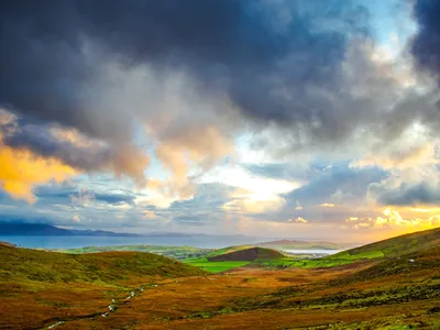 Greens, yellows, blues, browns and more warm hues merge to paint a colorful landscape of pastures in Ireland.