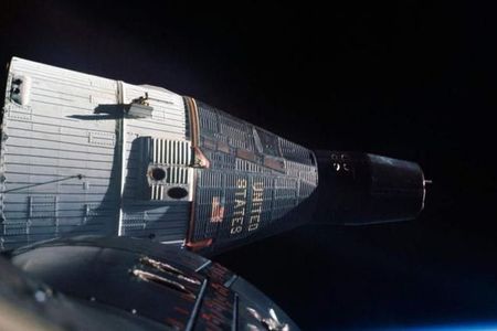 This view of Gemini VII from VI-A in December 1965 shows the spacecraft’s orbital configuration.