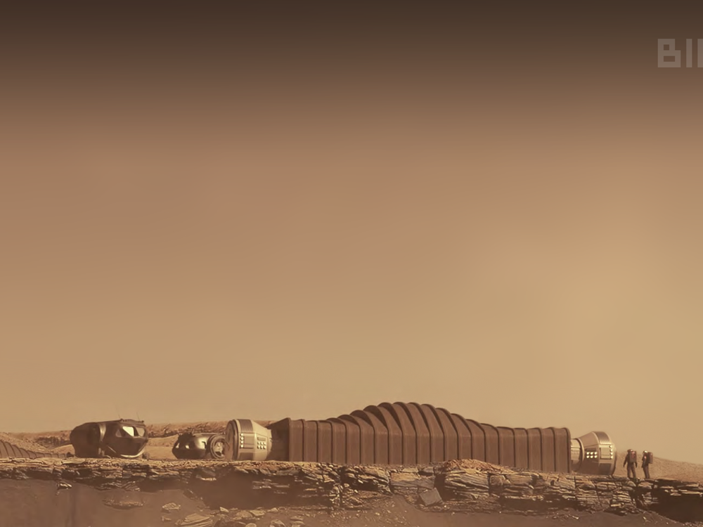 An image of a rendering of a habitat on the surface of plant Mars. The photo has a sepia tone and shows a habitat situated on a desert like surface.  