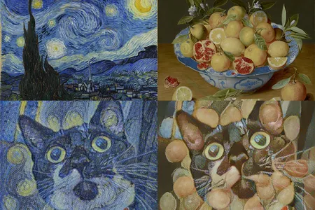The author's cat, Theodosia, envisioned in the style of Vincent van Gogh's The Starry Night (left) and Jacob van Hulsdonck's Still Life with Lemons, Oranges and a Pomegranate (right)