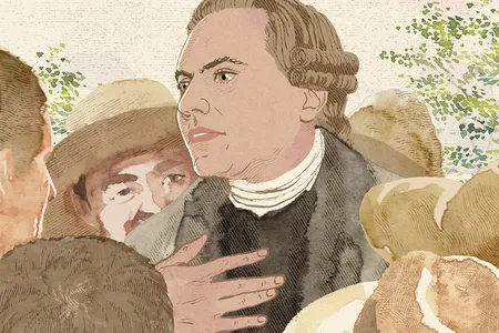 Patrick Henry rallies armed Virginian farmers before marching toward Williamsburg, Virginia, May 1775.