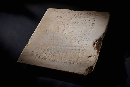 This marble tablet weighs 115 pounds and measures two feet tall.