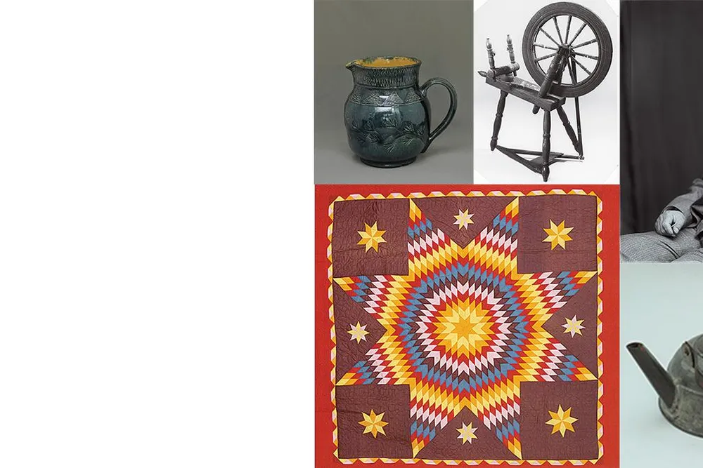 collage of jug, spinning wheel, Booker T. Washington, tea kettle, and quilt