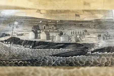 The wreck of the&nbsp;Isabella&nbsp;and Newton Providence camp, as shown in Charles Barnard&#39;s narrative of his experiences in the Falklands, 1829