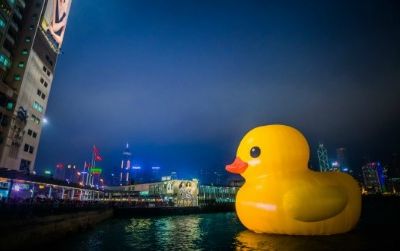 A massive inflatable rubber duck floats in Hong Kong’s Victoria Harbor, adding a flash of bright yellow to the cityscape.