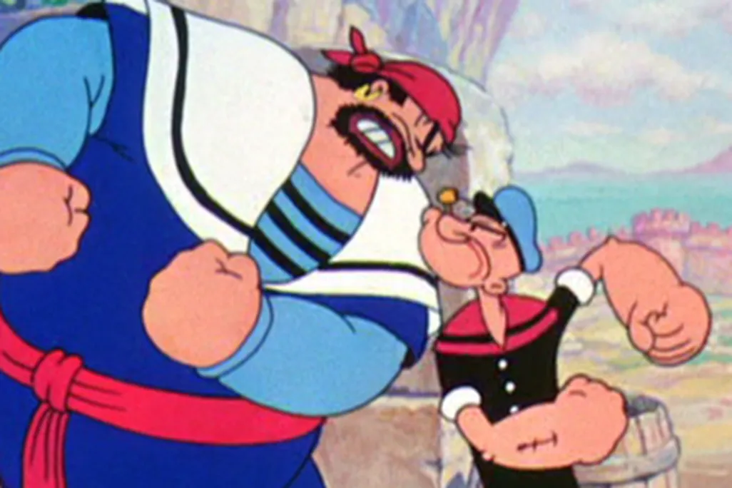 Bluto (in the role of Sindbad) and Popeye face off.