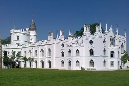 Walpole's neo-Gothic estate boasts a castle-like white exterior, labyrinthine network of closets, chambers and rooms
