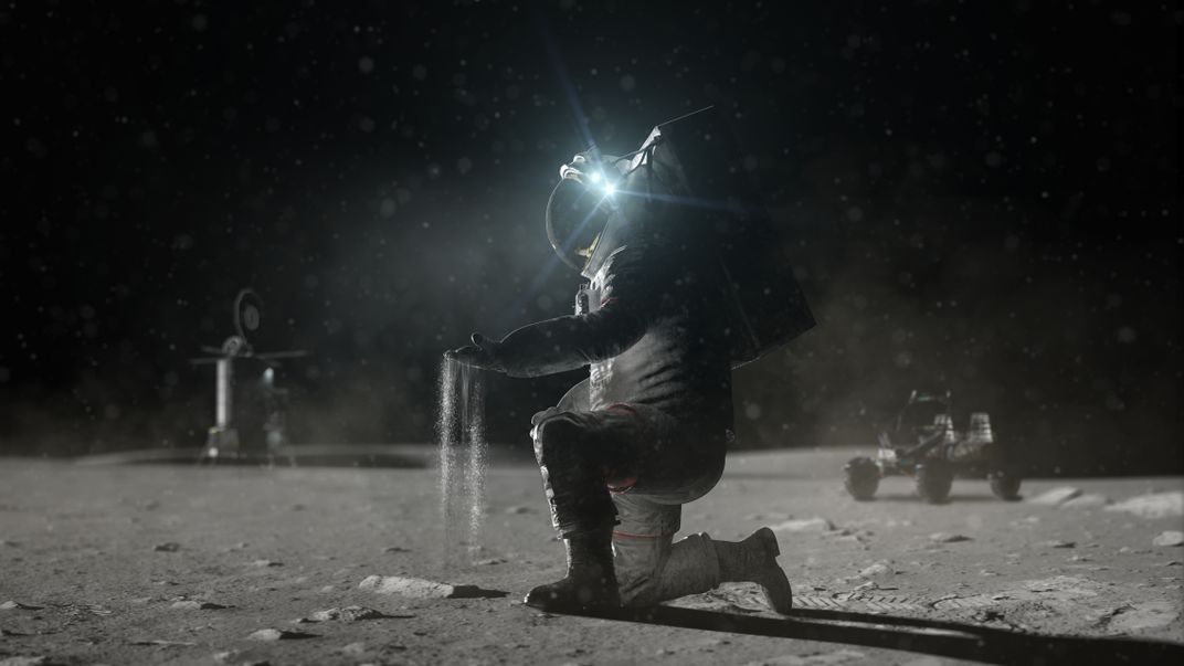 An astronaut kneels on the moon and picks up dust