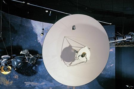 A development test model of the Voyager spacecraft looms large in the Air and Space Museum's Exploring the Planets gallery.