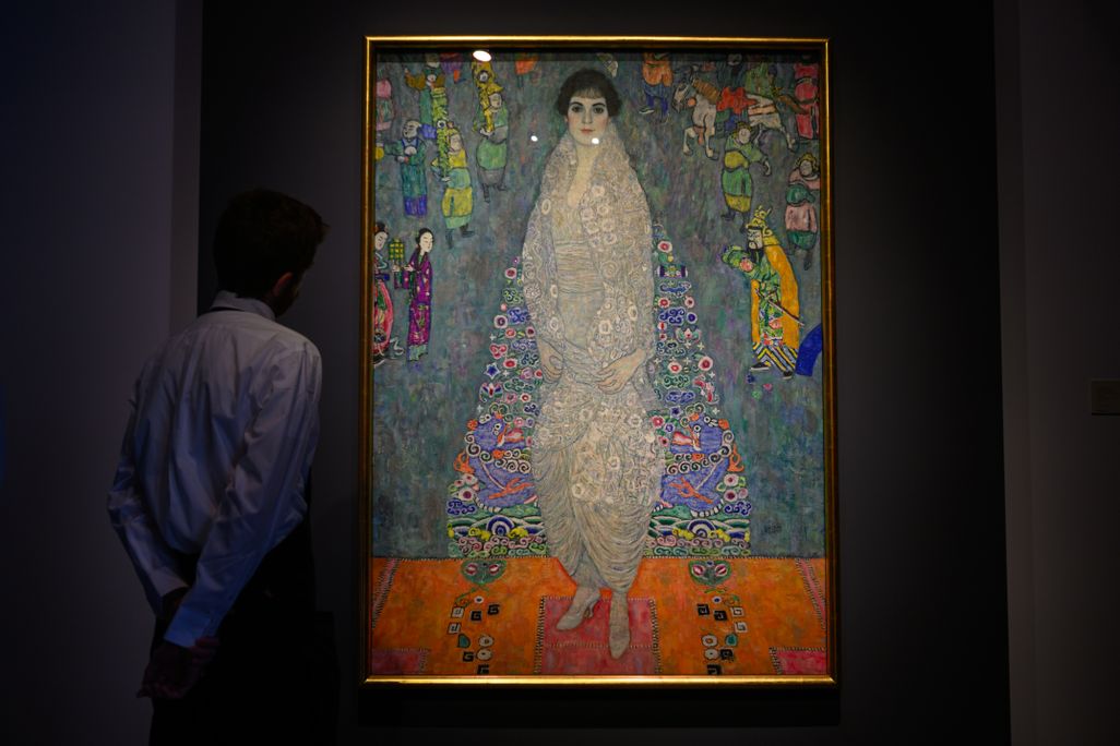 An art handler stands in front of "Portrait of Elisabeth Lederer" by Gustav Klimt during a press preview at Sotheby's on Nov. 7, 2025.