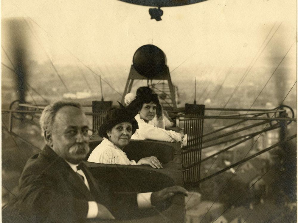 A. Roy Knabenshue's father, mother, and wife seen aloft over Chicago, Illinois, in the