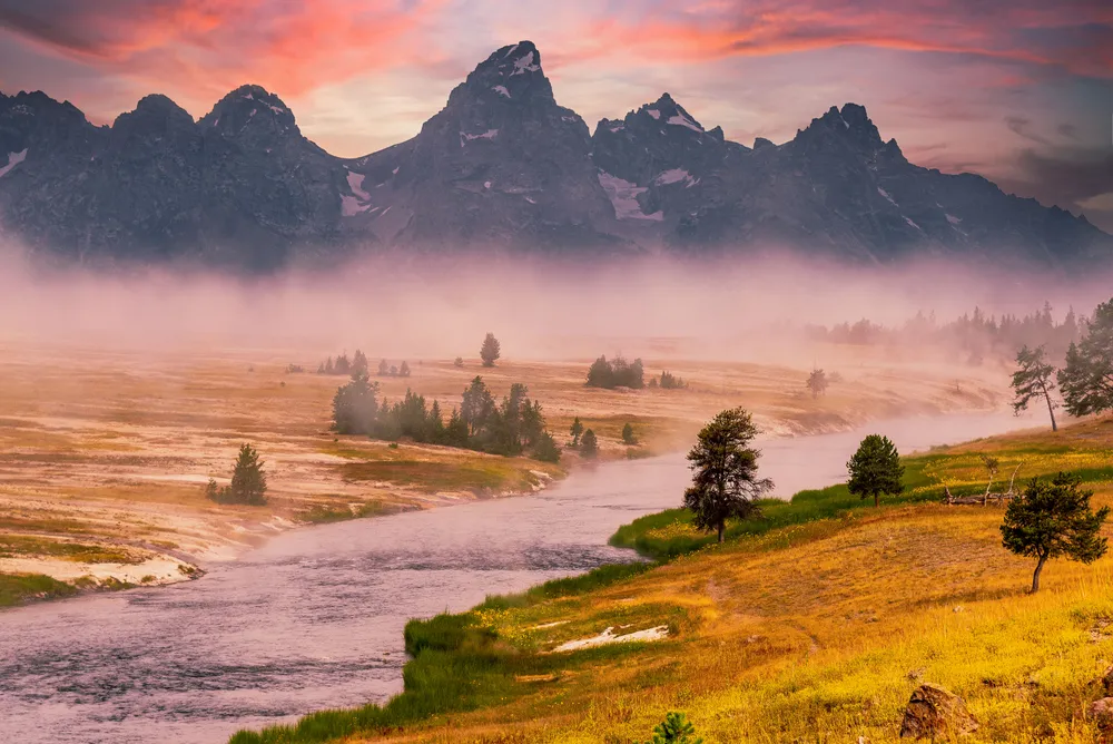 A composite of two images. One image is from Yellowstone and the second from Grand Teton National Park.