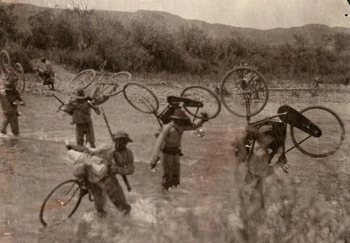 The Buffalo Soldiers often had to carry their bikes over swift-running rivers and streams.
