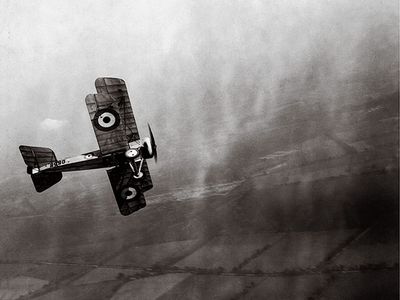 A Royal Naval Air Service Bristol Scout D during a reconnaissance mission over the Western Front, February 1916.
One of the first British single-seat fighter aircraft, the Bristol D was developed primarily for scouting. It was fast and maneuverable. The aircraft above was based on the HMS Vindex, a Royal Navy seaplane carrier operating in the North Sea.