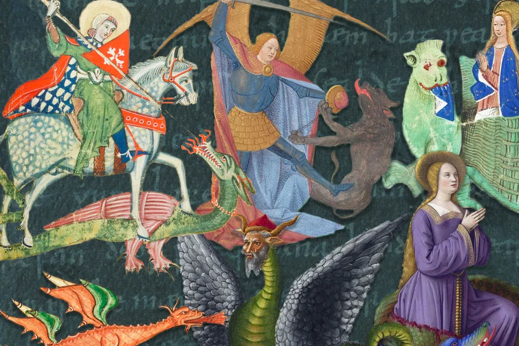 Illustration of medieval dragons and saints