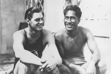 Johnny Weissmuller (left) and Duke Kahanamoku (right) at the 1924 Paris Olympics