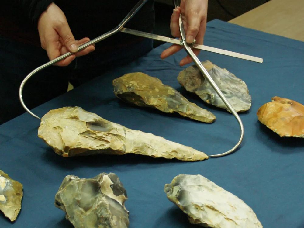 Archaeologist Letty Ingrey measuring an ax