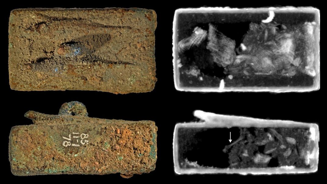 Side-by-side image of coffins and neutron tomography images