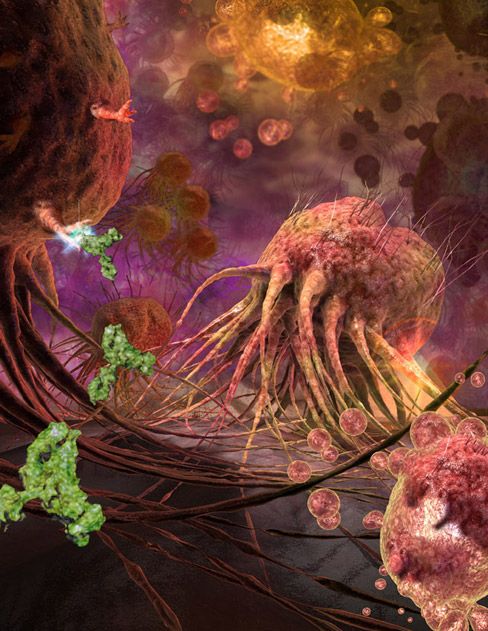green antibodies attack a tentacled breast cancer cell