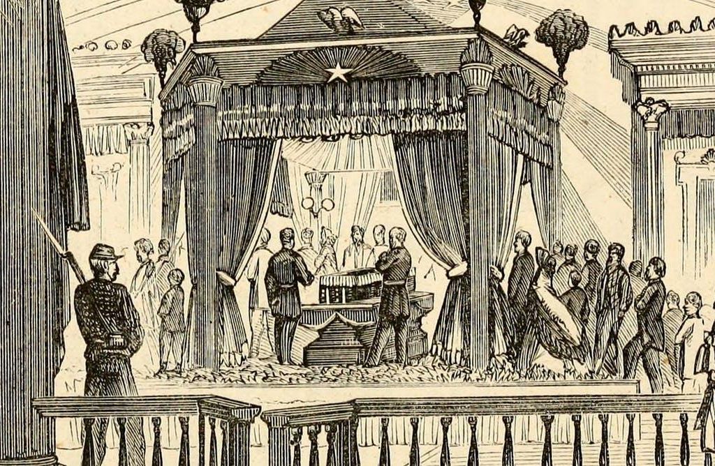 An illustrated depiction of a scene of Lincoln lying in state