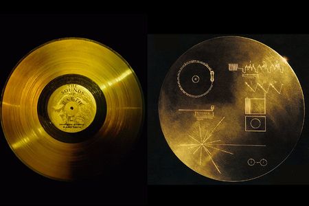Left, a golden record (© Nasa/National Geographic Society/Corbis) Right, the other side of the golden record shows directions to play it. Identical records carrying the story of Earth were sent into deep space on Voyager 1 and 2. 