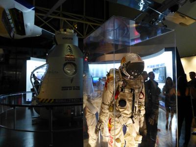 Felix Baumgartner's flight suit and pressured balloon gondola from his record-breaking skydive are on temporary display at the National Air and Space Museum National Mall location, before moving permanently to the Udvar-Hazy Center. 
