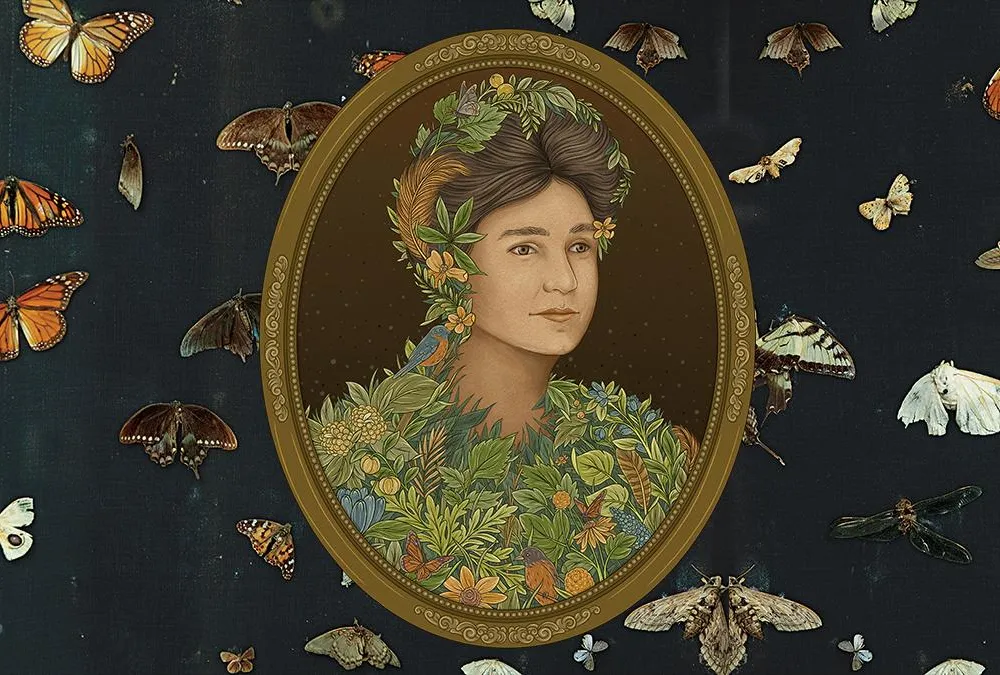 desktop opener - framed portrait of Gene Stratton-Porter on a backdrop of butterfly and moth wings