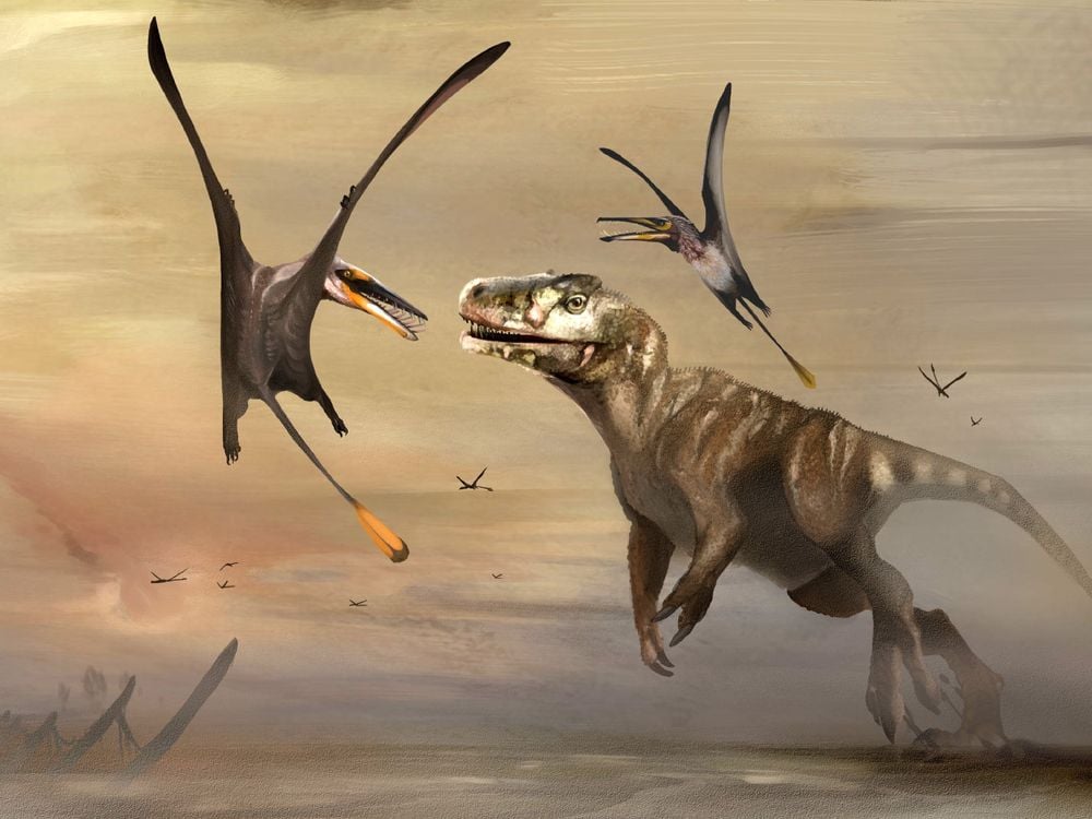 An artist’s impression of the Mesozoic Period with two flying reptiles and dinosaurs on the ground