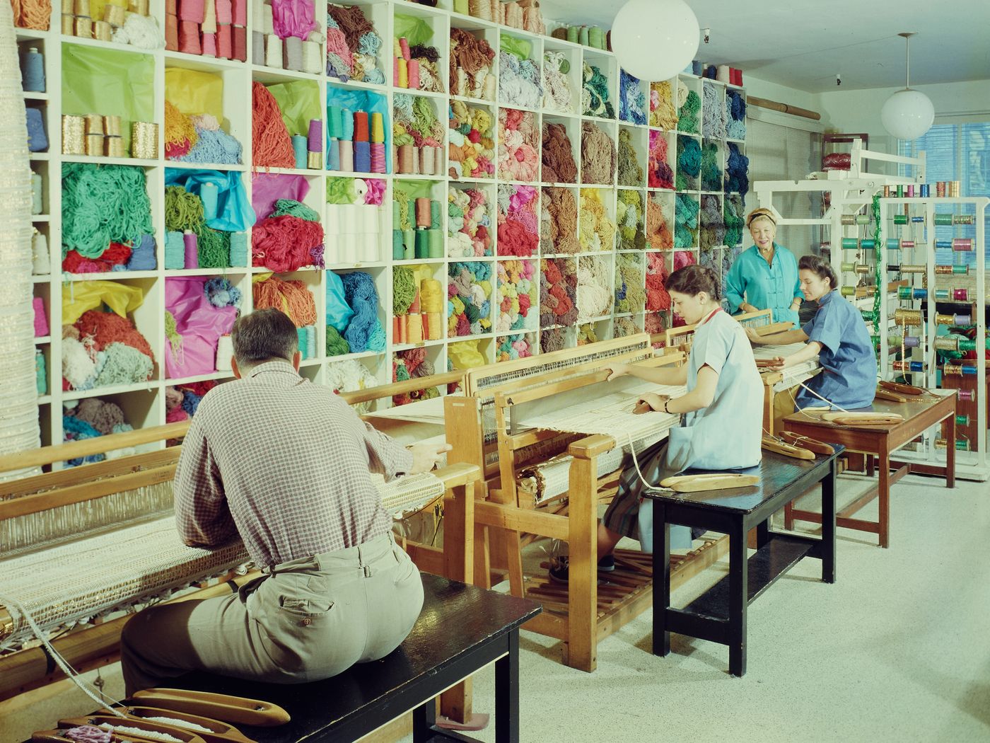 Dorothy Liebes and Weavers In New York Studio