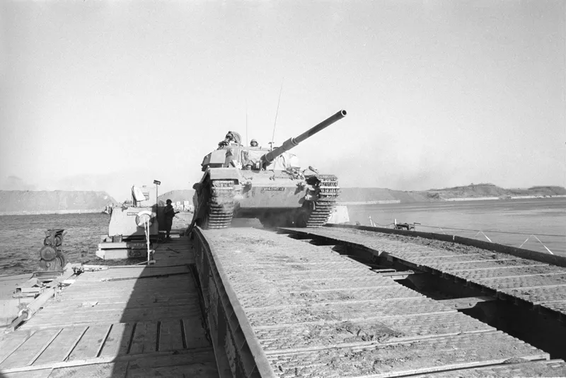 Israeli tanks crossing the Suez Canal during the Yom Kippur War