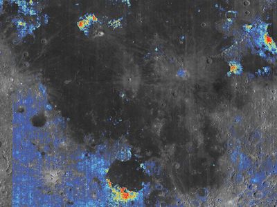 Colors on this satellite image show areas where water was detected in ancient pyroclastic flows on the Moon's surface