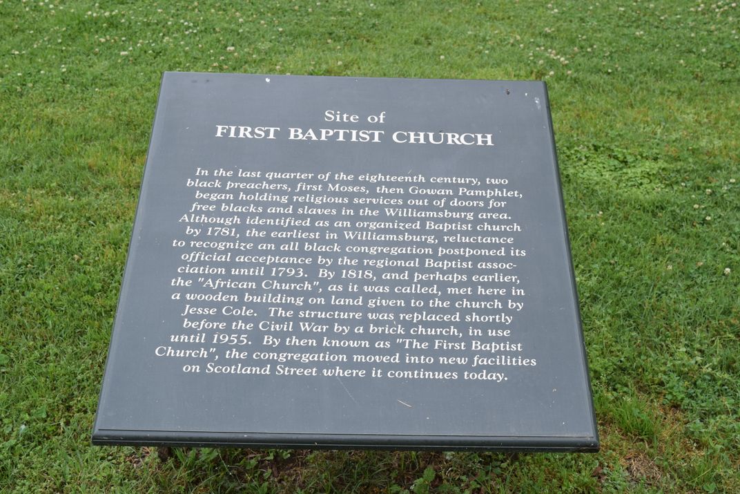 Sign marking the first permanent location of Williamsburg’s historic First Baptist Church on South Nassau Street