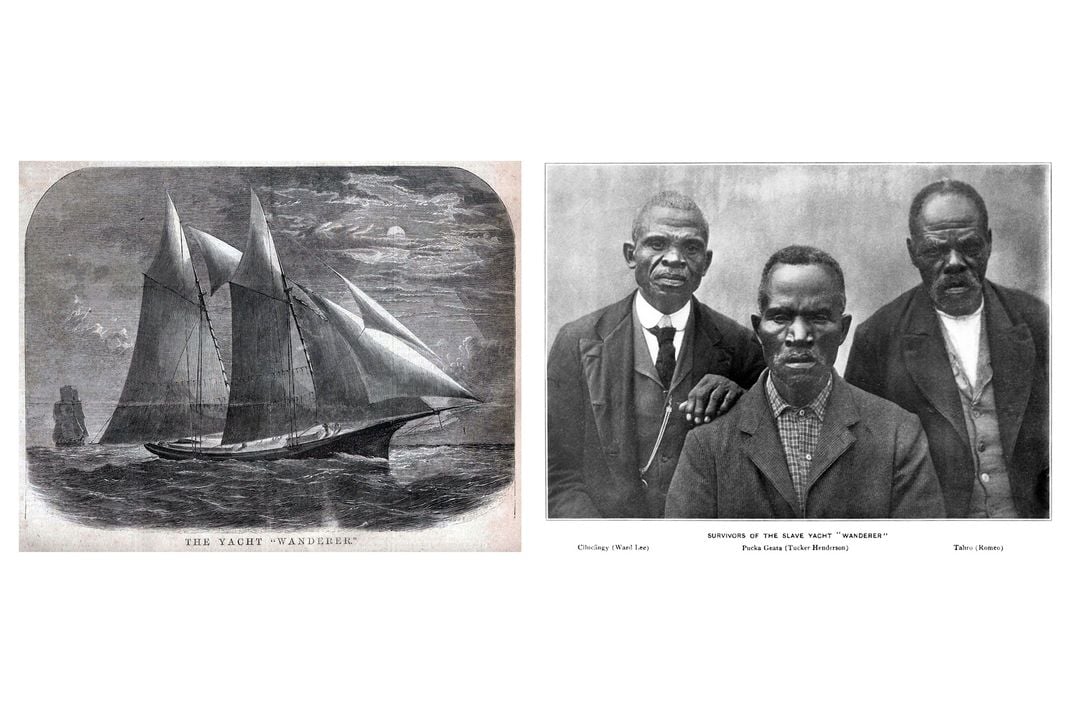 Left: Inked drawing of a ship at sea, with large double mast. Text at the bottom reads THE YACHT “WANDERER. On right: Early black-and-white photograph of three Black men in nice shirts and coats, one with his hand resting on another’s shoulder.  