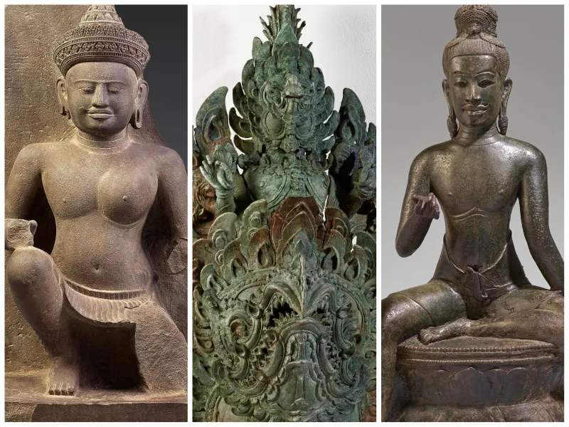 A collage of three works side by side; left, a statue of a half-male-half-female deity, middle an elaborate greenish bronze sculpture; right, a seated god statue