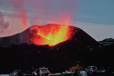 Cars getting too close to the Fimmvörðuháls volcano in Iceland.