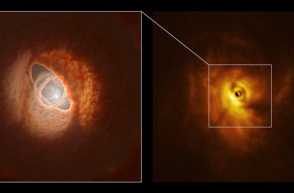 Left, a small bright spot surrounded by three rings of orange dust and cloud, including an inner ring that juts our nearly perpindicular to the others; right, a bright orange swirl of gases and dust