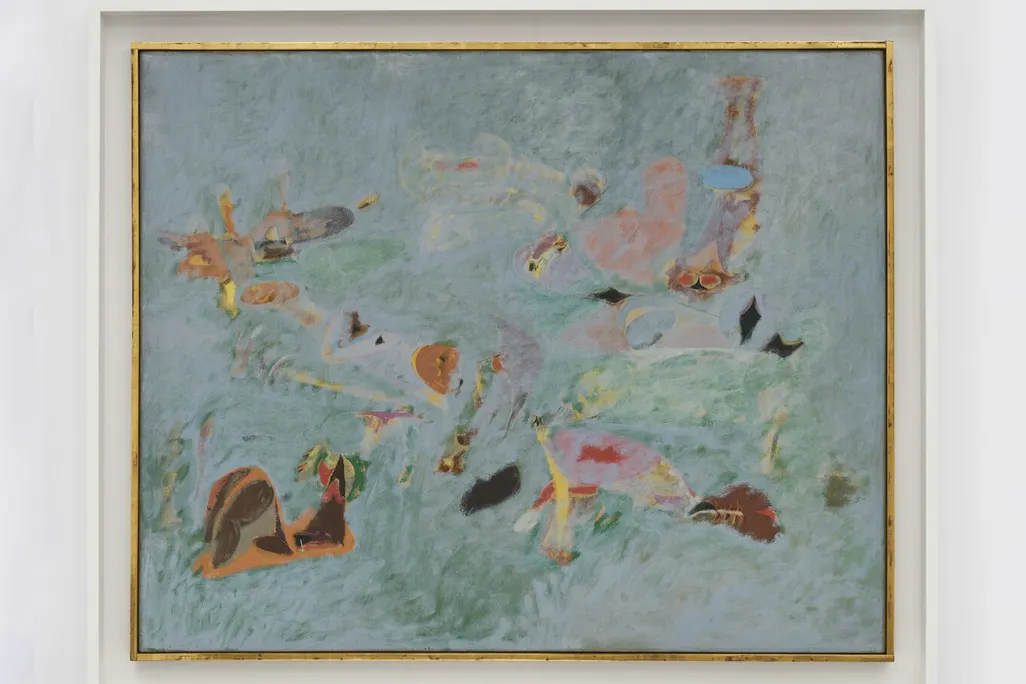 A sea of light blue filled with biomorphic pink, red, green and yellow shapes
