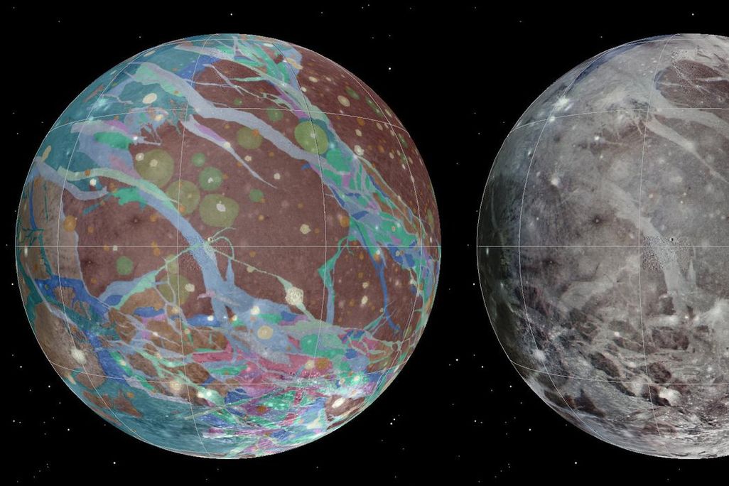 An image of Jupiter's largest moon, Ganymede. The images are geologic maps of the moon taken by NASA's Voyager 1 and 2 spacecraft and NASA's Galileo spacecraft. 