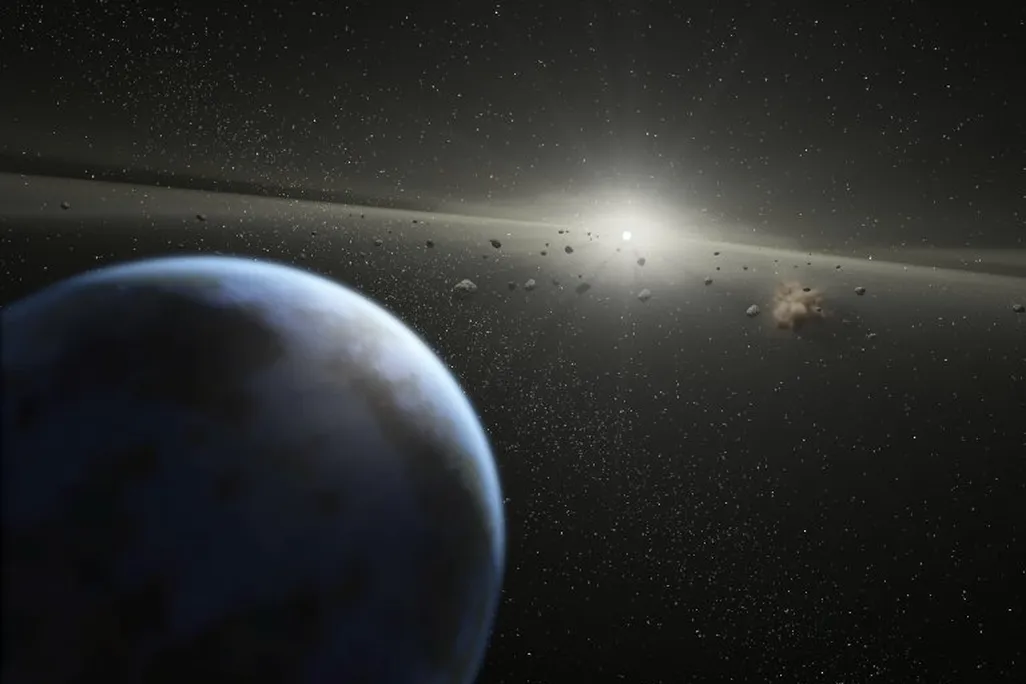An artist’s imagining of an alien asteroid belt