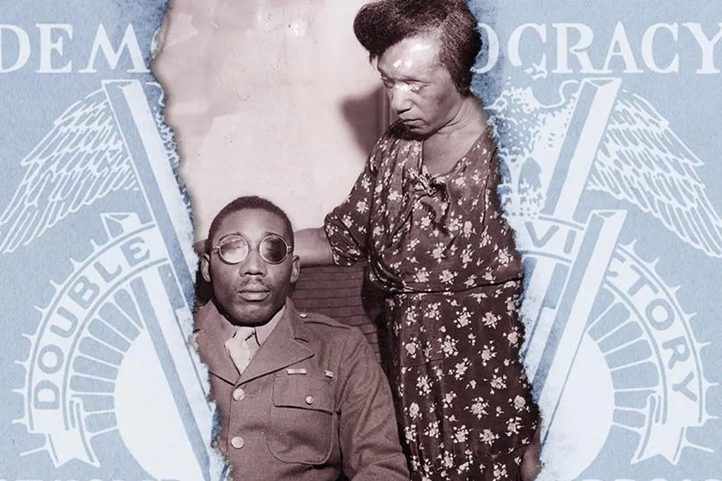 Illustration of Isaac Woodard and his mother next to the Pittsburgh Courier's "Double V" campaign poster