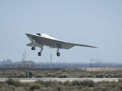 A Navy X-47B Unmanned Combat Air System Demonstration aircraft at Edwards Air Force Base.