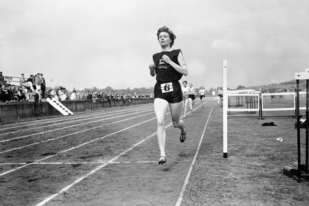 Diane Leather winning the women's 880 yards in 2:15.8 on May 12, 1956.