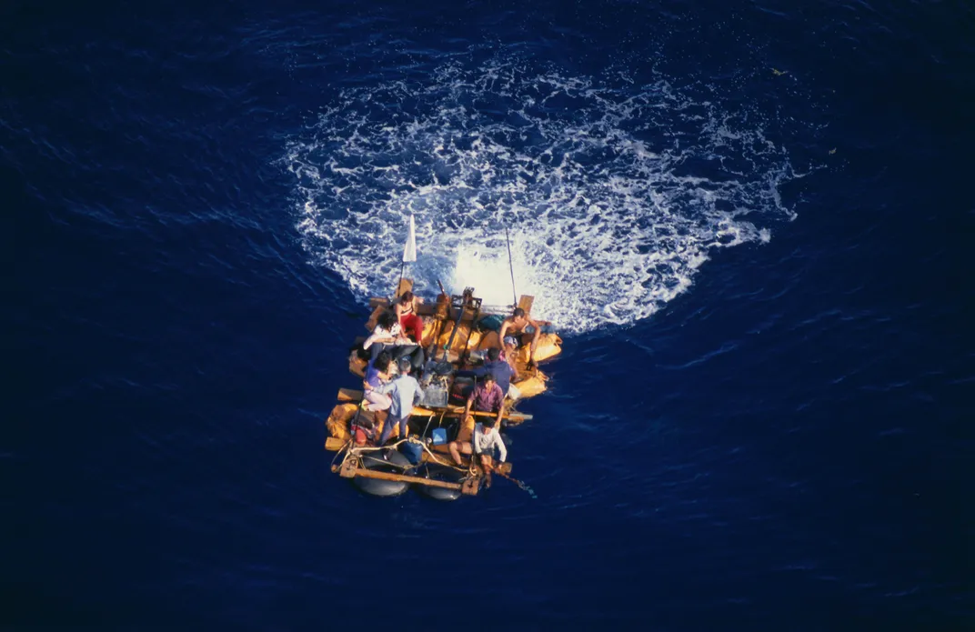 Aerial view of raft with many people