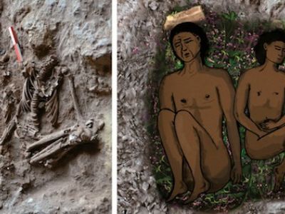 Plant impressions found underneath a pair of ancient humans (at left) indicate they were buried atop a bed of flowers (as depicted at right).