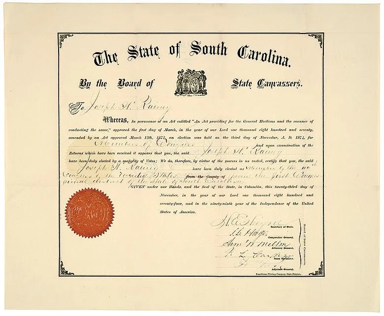 The state certificate declaring Rainey a U.S. representative