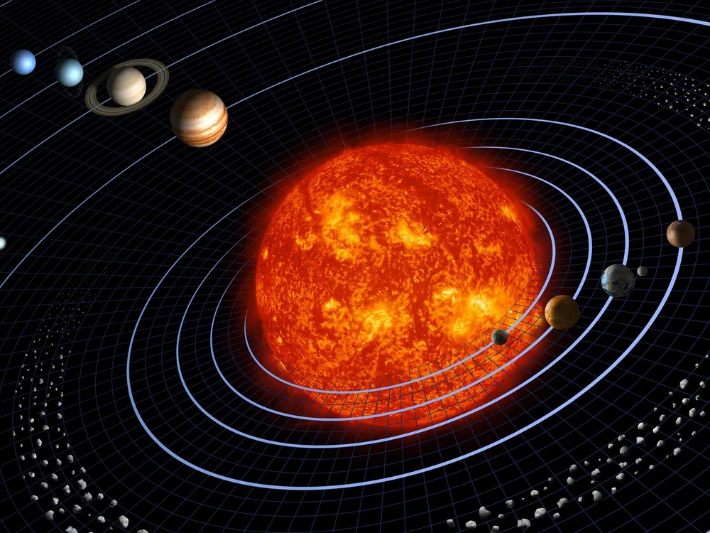 the sun with each of the planets, Earth's moon, the asteroid belt, pluto and a comet all around
