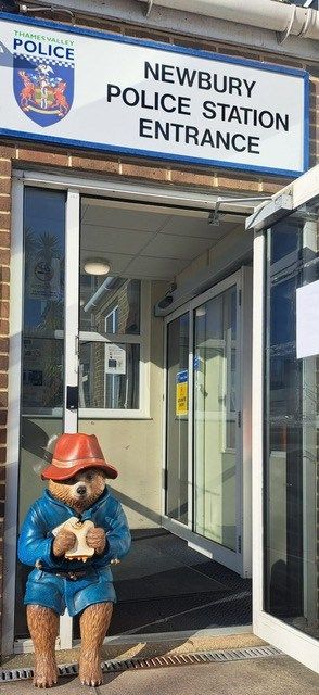 Bear in front of Newbury police station entrance