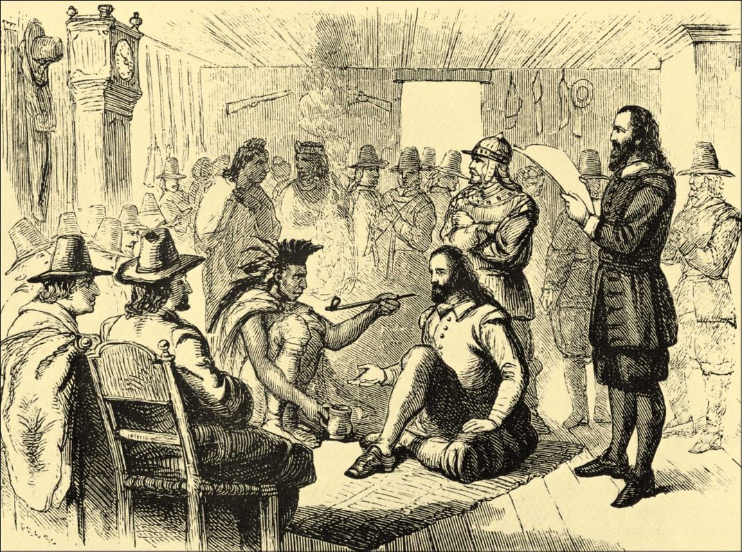 Massasoit smoking a ceremonial pipe with Plymouth Colony Governor John Carver in 1621