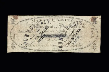 The National Museum of American History in its new exhibition "American Enterprise," displays a prime example of Stephen Burrough's art—a $1 certificate on the Union Bank of Boston, dated 1807, signed by Burroughs as cashier, and later stamped COUNTERFEIT.  