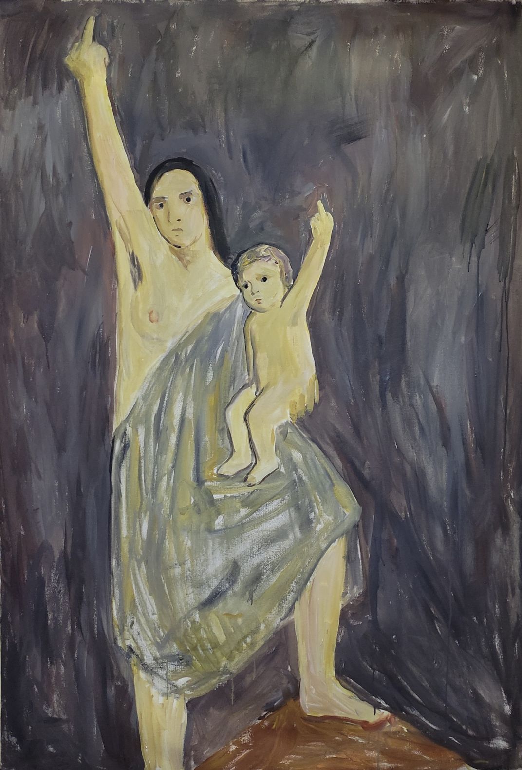 Mother and child holding up their middle fingers